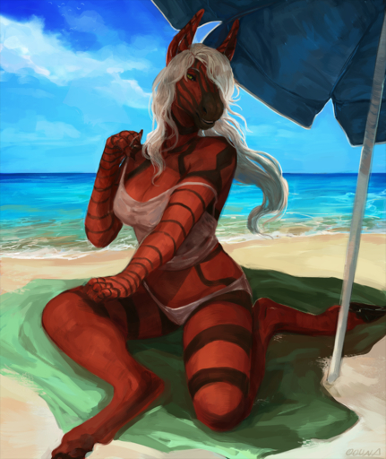 2017 alien anthro beach bikini bikini_bottom biped black_body black_skin black_stripes blue_sky bottomwear breasts cleavage clothed clothing cloud conditional_dnp day detailed_background digital_media_(artwork) digital_painting_(artwork) equid equine female front_view full-length_portrait green_eyes hair hair_over_eye hi_res horse hybrid lizard long_hair looking_at_viewer mammal meylan midriff multicolored_body multicolored_skin non-mammal_breasts on_towel one_eye_obstructed oouna outside parasol portrait red_body red_skin reptile sand scalie sea seaside shirt sitting sky smile snout solo striped_body striped_skin stripes summer swimwear tank_top topwear towel two_tone_body two_tone_skin val_(nalz) water white_bottomwear white_clothing white_hair white_shirt white_topwear // 1200x1425 // 6.5MB