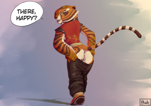 anthro anus butt clothing felid female genitals hi_res mammal master_tigress pantherine pussy sabrotiger solo spread_butt spreading tiger undressing // 2560x1808 // 6.2MB