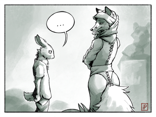 4:3 anthro canid canine clothed clothing duo ears_back female fox ipoke lagomorph larger_female leporid looking_down male mammal pivoted_ears predatorprey rabbit size_difference smaller_male speech_bubble standing // 600x450 // 310.5KB