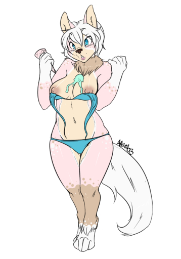 anthro avante92 blue_eyes breasts brown_body brown_fur canid canine canis dessert domestic_dog female food fur hair hi_res ice_cream mammal nipples pink_body pink_fur solo white_hair // 1280x1829 // 544.0KB