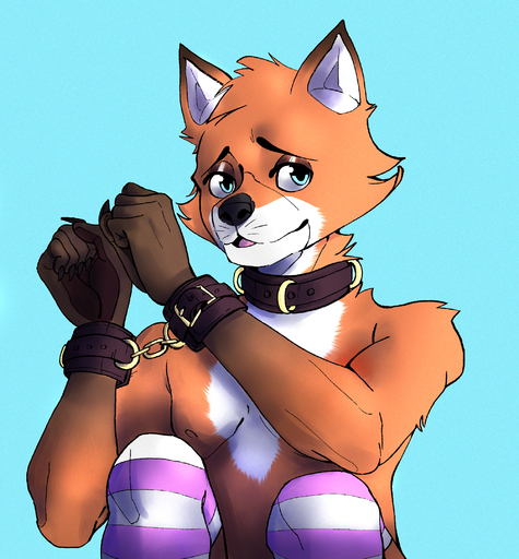 anthro bdsm black_collar bondage bound canid canine chain clothed clothing collar crossdressing cuff_(restraint) fox fur girly hi_res leather legwear lindelon looking_at_viewer male mammal nude open_mouth restraints simple_background solo stockings submissive thigh_highs wrist_cuffs // 2000x2156 // 5.6MB