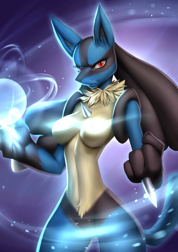2015 absurd_res alanscampos anthro black_body black_fur blue_body blue_fur breasts canid canine featureless_crotch female fur hi_res long_torso lucario mammal nipples nude pokemon_(species) red_eyes small_waist smile solo video_games yellow_body yellow_fur // 2893x4092 // 804.4KB