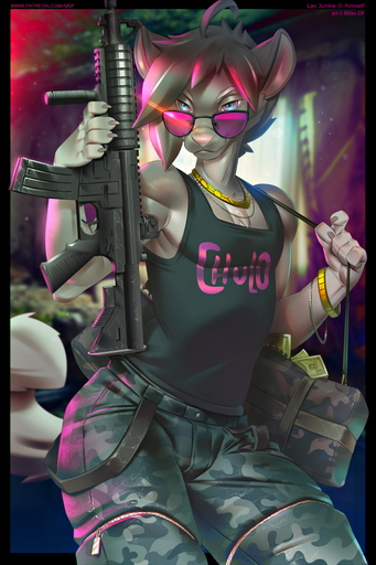 anthro ar-15 assault_rifle bag bracelet camo chest_tuft chinchilla chinchillid clothed clothing detailed_background eyebrows eyewear foregrip forest_camo glasses gun hair holding_gun holding_object holding_weapon jewelry m4 male mammal miles_df money necklace portrait ranged_weapon rifle rodent shirt sleeveless solo standing sunglasses tank_top text three-quarter_portrait topwear tuft url weapon // 633x950 // 608.2KB
