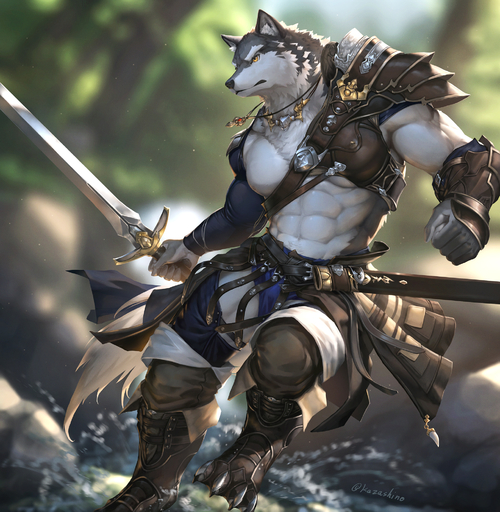 2022 5_fingers abs anthro black_nose blurred_background canid canine canis chest_fur clothed clothing fingers footwear fur hi_res holding_object holding_sword holding_weapon jewelry kazashino male mammal melee_weapon muscular muscular_male necklace signature solo sword weapon white_body white_fur white_tail wolf yellow_eyes // 1920x1968 // 1.7MB
