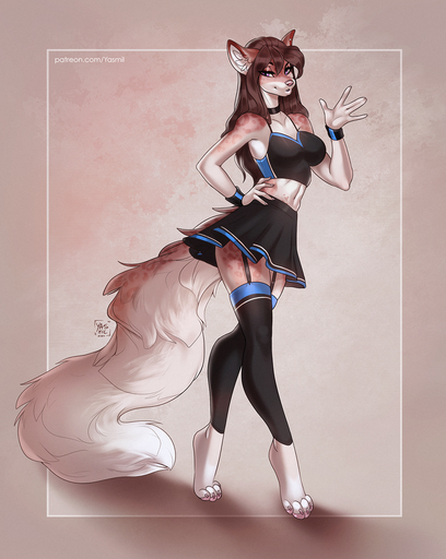 2020 4_toes 5_fingers anthro breasts brown_body brown_fur canid canine digital_media_(artwork) ear_piercing eyebrows eyelashes feet female fingers fur hi_res mammal midriff navel ng piercing smile solo standing toes yasmil // 1000x1256 // 1.8MB