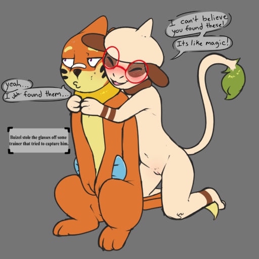 1:1 blush buizel buizel_(mr.smile) duo english_text eyewear female feral flat_chested genitals glasses hi_res hug hugging_from_behind male malefemale mr.smile nintendo pokemon pokemon_(species) pussy smeargle text video_games // 2000x2000 // 878.6KB