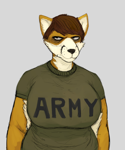 2018 5:6 angry annoyed anthro army big_breasts breasts canid canine clothed clothing colored english_text female fox half-length_portrait hi_res hladilnik mammal military peggy_patterson portrait shirt soldier solo t-shirt text tight_clothing topwear warrior // 1280x1536 // 798.0KB