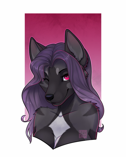 2016 4:5 anthro bare_shoulders black_lips black_nose breasts canid canine cleavage clothed clothing digital_media_(artwork) eyelashes female fur grey_body grey_fur hair hi_res lips mammal one_eye_closed pink_eyes purple_hair shaded simple_background smile solo wink wyla // 960x1200 // 548.2KB