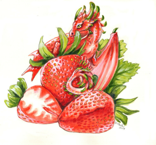 2019 ambiguous_gender claws dragon feral food food_creature fruit green_eyes heather_bruton horn membrane_(anatomy) membranous_wings mimic_dragon plant red_body red_scales scales simple_background solo strawberry white_background white_body white_scales wings // 755x700 // 718.5KB