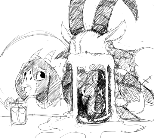 alcohol anthro beer beverage big_breasts black_and_white bovid breasts caprine caprine_demon cup demon drinking duo female goat goat_demon halo hladilnik horn lucy_(hladilnik) male mammal monochrome open_mouth scar straw tommy_(hladilnik) // 1280x1152 // 1.2MB