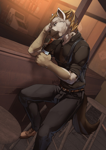 2018 5_fingers anthro biped clothed clothing detailed_background digital_media_(artwork) fingers fur grey_body grey_fur hi_res holding_object hyaenid male mammal sitting solo spotted_hyena twinkle-sez // 905x1280 // 661KB