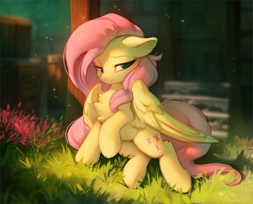 2021 chest_tuft cutie_mark equid equine feathered_wings feathers female feral fluttershy_(mlp) fur grass green_eyes hair hioshiru hooves horse long_hair mammal outside pegasus pink_hair plant quadruped solo tuft wings yellow_body yellow_feathers yellow_fur yellow_wings // 1280x1036 // 146.3KB