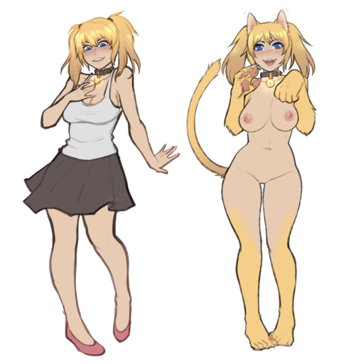 animal_humanoid bell bell_collar blonde_hair blue_eyes bottomwear breasts clothing collar collar_only domestic_cat felid feline felis female footwear genitals hair happy hi_res human human_to_humanoid humanoid mammal navel nipples nude pussy shoes shysiren signature simple_background skirt solo species_transformation standing transformation white_background // 1857x1981 // 1.1MB