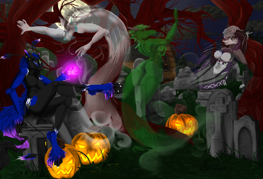 anthro barefoot belly black_belly black_body black_fur black_nose blue_body blue_fur blue_nose breasts building butt canid canine canis casual_nudity dragon featureless_breasts feet female fluffy fluffy_tail food fox fruit full_moon fur ghost glowing grass grave graveyard green_body green_hair green_scales grey_body grey_fur grey_hair group hair halloween heterochromia hi_res hill holidays horn house humanoid_hands jack-o'-lantern long_hair looking_back magic magic_user male mammal moon multicolored_body multicolored_fur necromancer night night_sky nude outside paws pecs plant pumpkin scales scalie sergal shiarah short_hair side_boob sitting slim social_nudity spirit spirits tombstone tree white_belly white_body white_fur wolf // 2500x1700 // 2.8MB