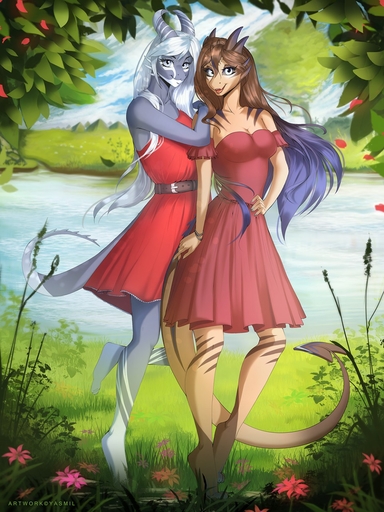 2018 3:4 5_fingers anthro barefoot breasts brown_hair clothed clothing detailed_background digital_media_(artwork) dragon dress duo feet female femalefemale fingers grass hair hi_res horn looking_at_viewer midnight_(character) midnight_(yasmil) non-mammal_breasts plant smile water white_hair yasmil // 960x1280 // 291.8KB