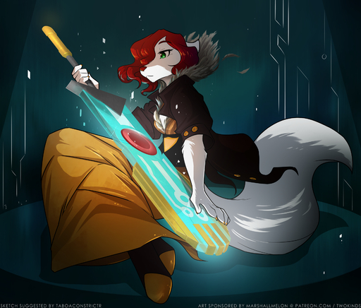 2017 anthro biped boots canid canine canis clothed clothing conditional_dnp dress english_text female fluffy fluffy_tail footwear fur glowing green_eyes hair hi_res holding_object hood jacket keidran mammal melee_weapon pose red_(characters) red_(transistor) red_hair roselyn_(twokinds) simple_background sitting solo supergiant_games sword text tom_fischbach topwear transistor twokinds url weapon webcomic webcomic_character white_body white_fur wolf // 1920x1635 // 2.0MB
