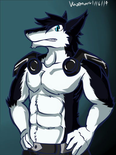 3:4 abs anthro armor athletic belt biceps big_muscles biped black_body black_fur black_hair blue_eyes bottomwear claws clothed clothing discordnight fangs fur hair looking_at_viewer male mammal muscular muscular_anthro muscular_male pants pecs pose science_fiction sergal solo standing teeth topless tuft ventkazemaru white_body white_fur // 750x1000 // 319.0KB