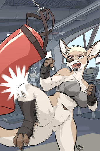 2016 5_fingers adrian_gray anthro asinus biped blonde_hair bottomless breasts casual_exposure clothed clothing detailed_background donkey equid equine featureless_crotch feet female fingers fur gym hair hi_res horse inside kangaroo macropod mammal marsupial martial_arts motion_blur muscular muscular_anthro muscular_female open_mouth plantigrade pouch_(anatomy) punching_bag rick_griffin shirt short_hair solo spread_legs spreading standing tan_body tan_fur tank_top teeth tomboy tongue topwear // 875x1313 // 765.8KB