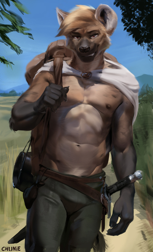 2022 abs anthro athletic backpack chunie detailed_background digital_media_(artwork) grin hi_res hyaenid looking_at_viewer male mammal melee_weapon navel nipples outside shirtless smile solo standing sword weapon // 780x1280 // 459.4KB