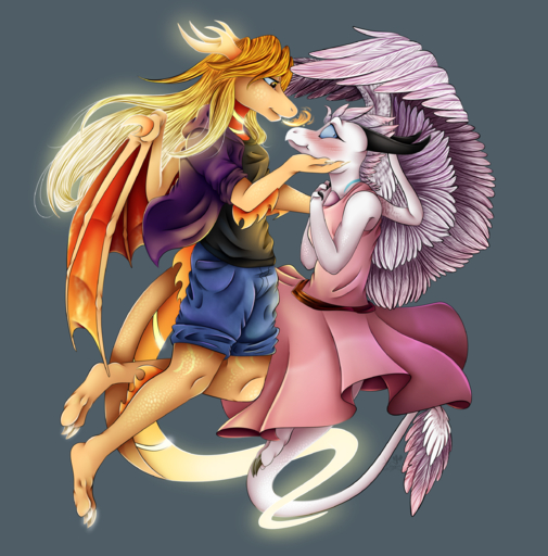 2019 absurd_res amber_eyes anthro anthro_on_anthro blush claws clothed clothing digital_media_(artwork) dragon duo feathered_dragon feathered_wings feathers feet female femalefemale fingers glowing grey_background hi_res horn membrane_(anatomy) membranous_wings simple_background toes vdragon-creations wings // 2455x2487 // 4.7MB