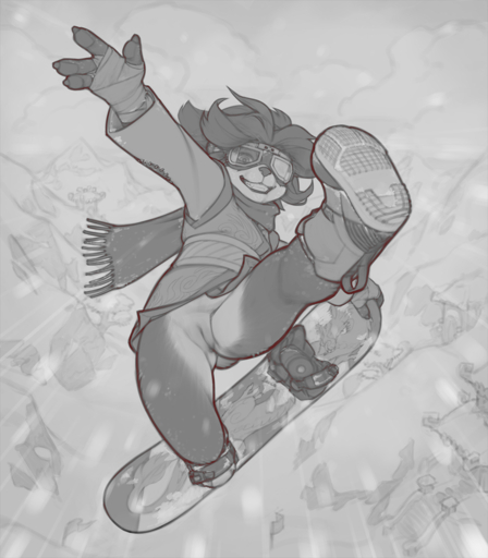 anthro blizzard_entertainment boots bottomless clothed clothing cub eyewear female footwear fur genitals goggles greyscale hair hand_wraps hi_res jacket li_li_stormstout loli looking_at_viewer mammal monochrome outside pandaren pussy scarf simple_background smile snow snowboard snowboarding snowskau solo topwear ursid video_games warcraft wraps young // 1121x1280 // 741.8KB