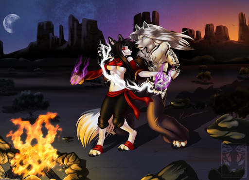 2012 anthro big_breasts black_body black_fur black_hair black_nose boulder breasts campfire canid canine canis claws clothed clothing cloud detailed_background digital_media_(artwork) duo ear_piercing female fire firelight fur glowing glowing_eyes hair kayin long_hair magic male mammal markings midriff moon mountain muscular night open_mouth outside piercing plant red_eyes rey_(satsukii) rock sash satsukii scenery sky standing star starry_sky sunset tattoo under_boob white_body white_fur white_hair wolf // 1250x903 // 1.3MB