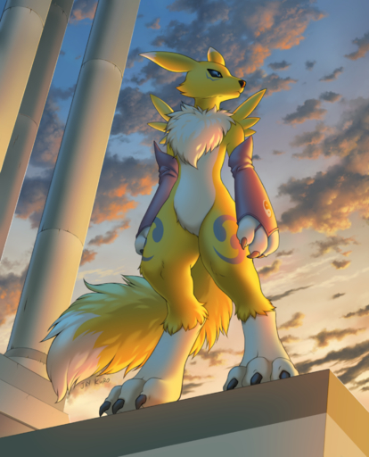 2021 3_fingers 3_toes ambiguous_gender anthro day detailed_background digimon digimon_(species) digital_media_(artwork) feet fingers fur hi_res jay-kuro outside renamon sky solo toes yellow_body yellow_fur // 1600x1979 // 2.8MB