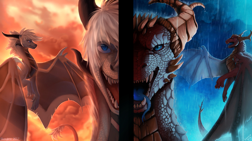 16:9 2017 blue_eyes day dragon duo feral grey_body grey_scales hair hi_res horn louxie night open_mouth outside raining scales scalie skaydie teeth tongue western_dragon white_hair // 2880x1620 // 4.3MB