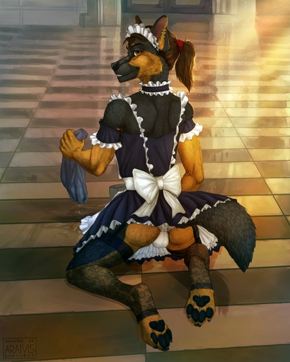 4:5 anthro araivis-edelveys bottomwear brown_eyes butt canid canine canis clothed clothing crossdressing domestic_dog dress ear_piercing fluffy fluffy_tail german_shepherd girly hair herding_dog hi_res legwear lingerie looking_at_viewer maid_uniform male mammal panties pastoral_dog paws piercing ponytail raven_(bloodravenx) rear_view skirt solo stockings thigh_highs underwear uniform upskirt // 1024x1280 // 232.2KB