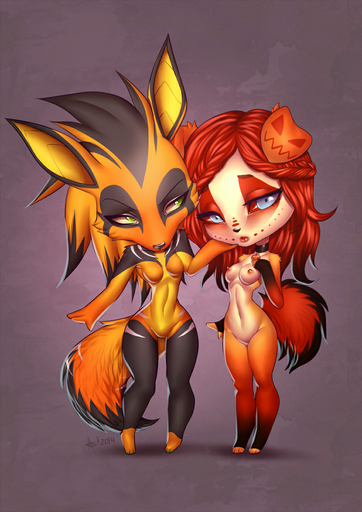 alanscampos anthro blue_eyes breasts canid canine canis chibi domestic_dog duo female green_eyes hi_res looking_at_viewer mammal nipples nude remix_volkov // 848x1200 // 447.5KB