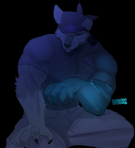 anthro bottomwear canid canine canis clothed clothing durag eyes_closed glowing_arms goon_(goonie_san) goonie-san hand_on_leg hi_res male mammal pants shirt sitting solo topwear wolf // 1860x2050 // 141.9KB