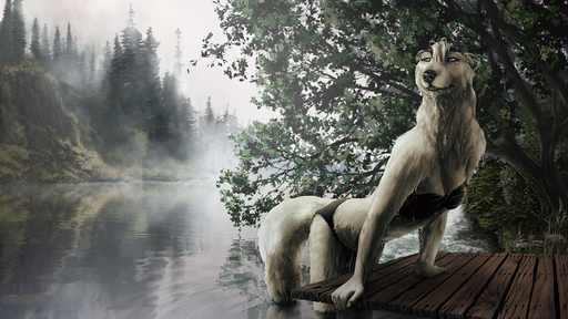 2019 5_fingers anthro arm_support bikini biped black_clothing black_nose blue_eyes breasts canid canine canis clothed clothing detailed detailed_background digital_drawing_(artwork) digital_media_(artwork) domestic_dog female fingers fluffy fluffy_tail fog fur grass lake leaning leaning_forward looking_away mammal neck_tuft outside partially_submerged plant side_view solo sterr swimming swimwear teeth three-quarter_view tree tuft water wet white_body white_fur wood // 1280x719 // 796.3KB