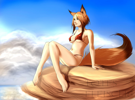 animal_humanoid bra breasts brown_hair canid canine clothed clothing cloud erect_nipples female fox hair half-closed_eyes human humanoid hybrid mammal narrowed_eyes navel nipples outside panties sitting skimpy smile solo totesfleisch8 underwear // 1024x762 // 500KB