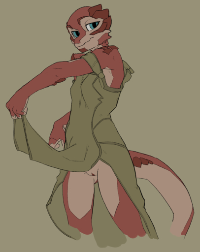 2019 absurd_res anthro blue_eyes clothed clothing clothing_lift dress dress_lift female flashing genitals green_background green_clothing green_dress hi_res lizard looking_at_viewer maxmushroom no_underwear off_shoulder portrait pussy red_body red_scales reptile scales scalie simple_background solo standing three-quarter_portrait // 2120x2671 // 969.6KB