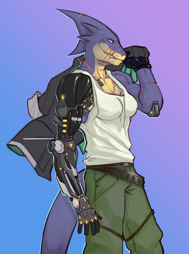 anthro clothed clothing cybernetics faint female fish machine marine muscular muscular_anthro muscular_female nyjasca scar shark solo standing teeth // 746x1000 // 467.8KB