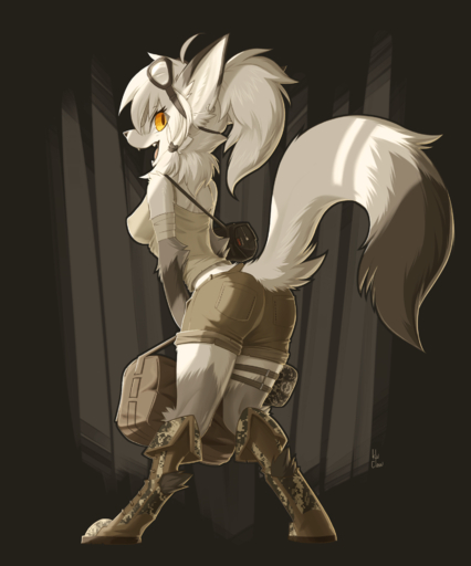 anthro breasts butt canid canine clothed clothing ear_piercing ear_ring female fox fur grey_body grey_fur hair hi_res kluclew mammal medium_breasts open_mouth piercing simple_background slim small_breasts solo white_body white_fur white_hair yellow_eyes // 1600x1924 // 1.6MB