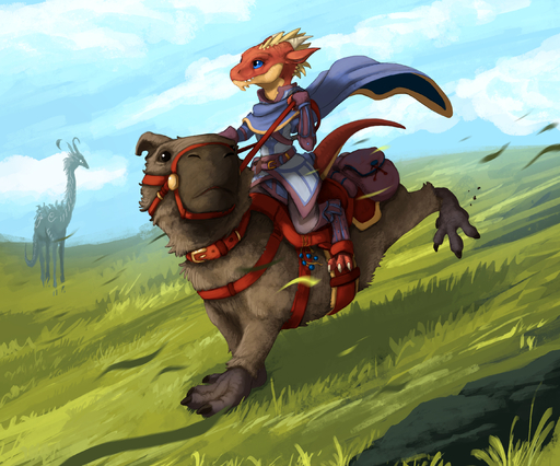 ambiguous_gender anthro brown_body brown_fur cape capybara caviid claws clothed clothing detailed_background digitigrade feral field flamespitter fur hi_res karadur kobold mammal outside plains red_body red_scales reins rodent saddle scales // 2844x2369 // 3.0MB