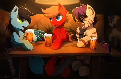 2017 alcohol beer beverage black_hair blue_body blue_eyes blue_feathers blue_fur detailed_background equid equine eyes_closed fan_character feathered_wings feathers feral fur green_eyes group hair hioshiru hooves horse male mammal open_mouth pegasus purple_hair red_body red_fur sitting smile striped_body striped_fur stripes tan_hair teeth tongue wings // 1280x839 // 861KB