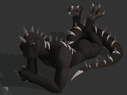 2021 3_toes 4:3 anthro back_spines black_body blue_eyes butt claws feet grey_background grey_claws grey_pawpads iguanid lizard lizardman lying male on_front pawpads paws reptile scalie schizy simple_background solo spiked_tail spikes spikes_(anatomy) spot_color toe_claws toes // 1280x960 // 85.4KB