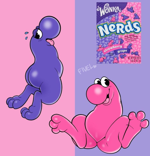 2019 ambiguous_gender armless big_butt butt candy dessert digital_media_(artwork) duo fivel food humanoid junk_food looking_at_viewer nerds open_mouth pink_body pink_skin purple_body purple_skin sim simple_background smile teeth tongue wonka // 1152x1198 // 127KB