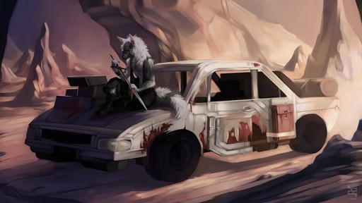 16:9 2020 anthro boots car clothing day detailed_background digital_media_(artwork) fluffy fluffy_tail footwear hair male mammal melee_weapon outside post-apocalyptic sitting sky solo sword topwear vehicle vest weapon white_hair widescreen zephra // 1280x720 // 141.6KB