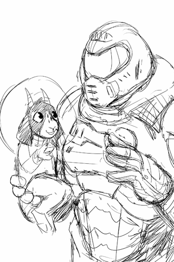 2:3 age_difference armor bovid caprine clothed clothing doom_(series) doom_guy duo goat halo hi_res hladilnik human id_software male mammal monochrome simple_background sketch tommy_(hladilnik) video_games young // 1280x1920 // 454.1KB