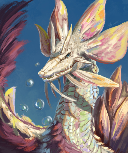 2019 5:6 ambiguous_gender blue_eyes bubble capcom dragon feral hi_res horn leviathan_(mh) mizutsune monster_hunter rhythmpopfox scalie signature solo underwater video_games water // 1000x1200 // 5.5MB
