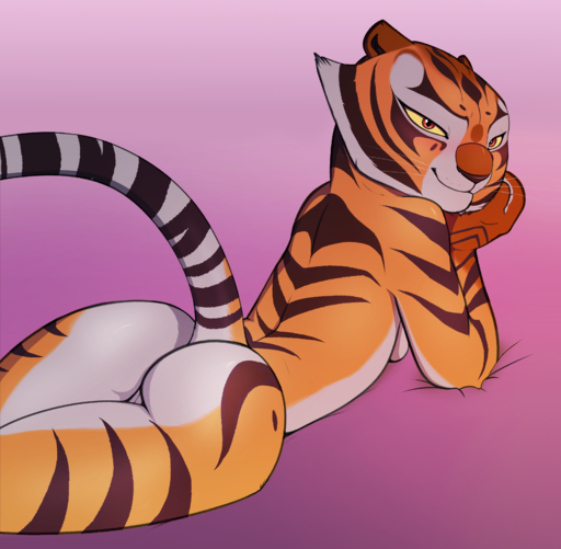 2018 absurd_res anthro bedroom_eyes breasts butt edit felid female genitals half-closed_eyes hi_res jovo looking_at_viewer looking_back lying mammal master_tigress narrowed_eyes nude on_front pantherine pose pussy sabrotiger seductive side_boob smile smirk solo stripes text tiger // 3292x3220 // 3.9MB