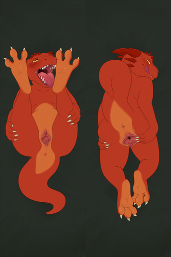 2017 anthro anus ass claws clitoris female kobold legs_up licking licking_lips melvismd nude open_mouth orange_scales pussy raised_tail red_scales scales sharp_teeth smile solo spread_pussy spreading teeth toe_claws tongue tongue_out // 1100x1649 // 451KB