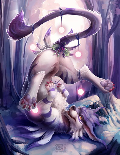 2017 4_toes ambiguous_gender canid canine cheek_tuft chest_tuft claws detailed_background digimon_(species) digital_media_(artwork) digitigrade facial_tuft fangs feet feral forest fur garurumon half-closed_eyes hi_res holidays holly_(plant) kissing_bough legs_over_head lights looking_aside looking_at_viewer mammal mistletoe multicolored_body multicolored_fur narrowed_eyes open_mouth orange_eyes outside pawpads paws pink_claws plant purple_body purple_fur shoulder_stand snout snow solo string striped_body striped_fur stripes tail_tuft thesecretcave three-quarter_view toes tree tuft two_tone_body two_tone_fur upside_down watermark white_body white_fur winter // 989x1280 // 1.5MB