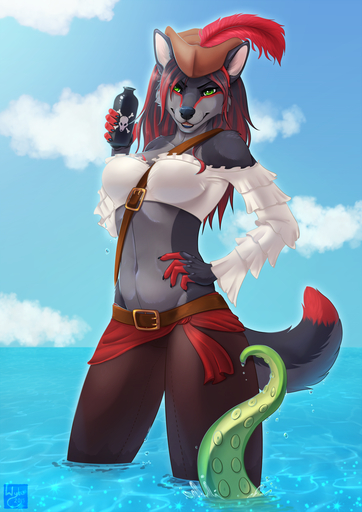 2015 anthro bottle bottomwear breasts canid canine canis captain clothed clothing detailed_background digital_media_(artwork) female fur green_eyes grey_body grey_fur grey_hair hair hat headgear headwear hi_res highlights_(coloring) kaptainarr_(character) long_hair looking_at_viewer mammal markings midriff navel pants pirate red_highlights red_markings seascape shaded skimpy smile solo tentacles water wolf wyla // 904x1280 // 952.9KB