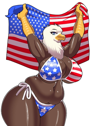accipitrid accipitriform anthro avian bald_eagle big_breasts bikini bird breasts brown_body cleavage clothed clothing eagle female flag hi_res non-mammal_breasts sea_eagle side-tie_bikini simple_background solo stars_and_stripes swimwear thick_thighs thugji3 united_states_of_america white_background wide_hips // 1501x2048 // 297.9KB