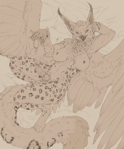 anthro avian balls breasts conditional_dnp erection felid genitals gryphon gynomorph hi_res intersex knot leopard looking_at_viewer lying mammal monochrome mythological_avian mythology nipples nude on_back oouna pantherine penis solo spots // 1050x1256 // 1.2MB