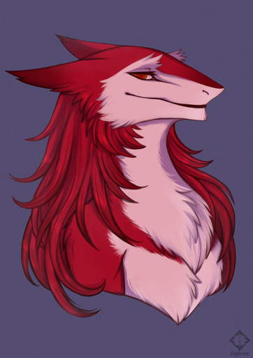 ambiguous_gender anthro fur hair half-closed_eyes long_hair looking_at_viewer narrowed_eyes portrait red_body red_eyes red_fur sergal simple_background smile solo zephyrue // 650x919 // 927KB